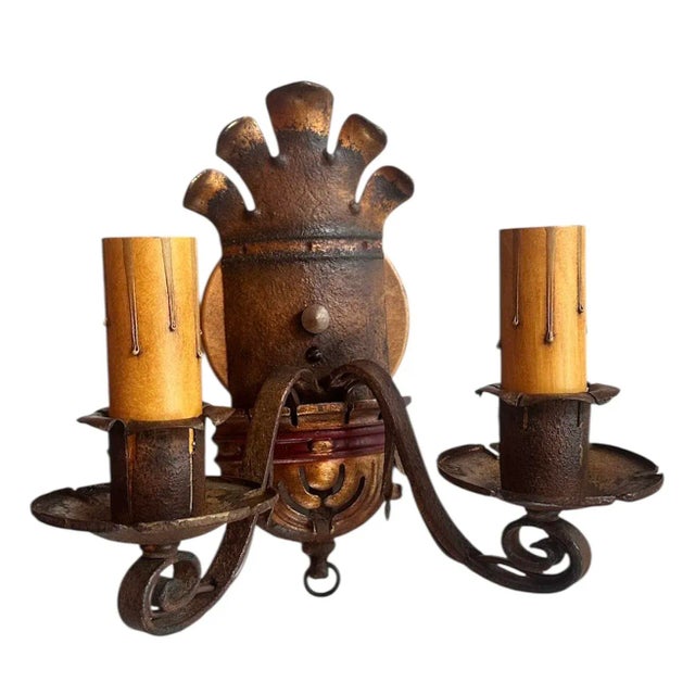 Metal Pair Brass and Iron Sconces in Original Old Paint Patina, Circa 1910 For Sale - Image 7 of 8