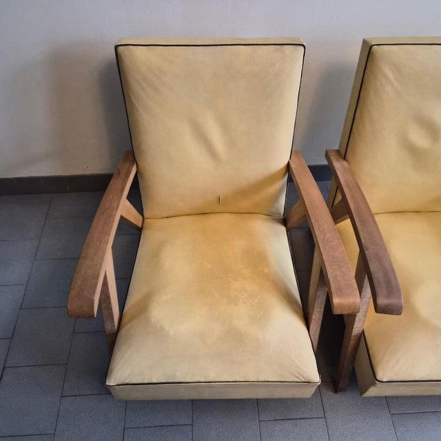 Vintage Beech and Yellow Skai Armchairs with Compass Legs, 1950s, Set of 2 For Sale - Image 6 of 11