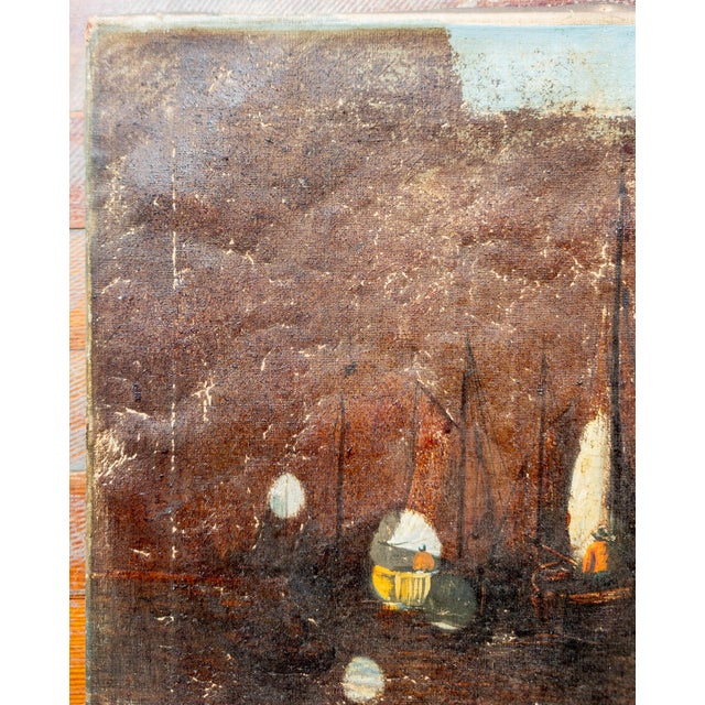 Early 20th Century Early 20th Century Distressed Harbor Scene Painting With Figure For Sale - Image 5 of 12