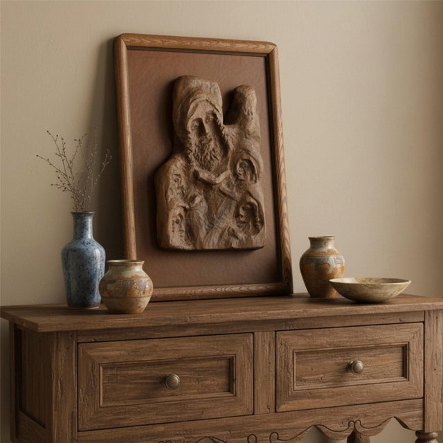 Hand-Carved Wood Relief Portrait With Leather Backdrop and Oak Frame For Sale - Image 6 of 13
