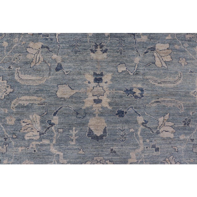 Textile Turkish Angora Oushak Rug in Dusty Blue Background and Silver Border 9'2 X 11'7 For Sale - Image 7 of 11