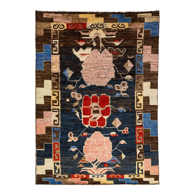 Room Size Modern Wool Rug Moroccan Style in Blue With Multicolor Pattern For Sale