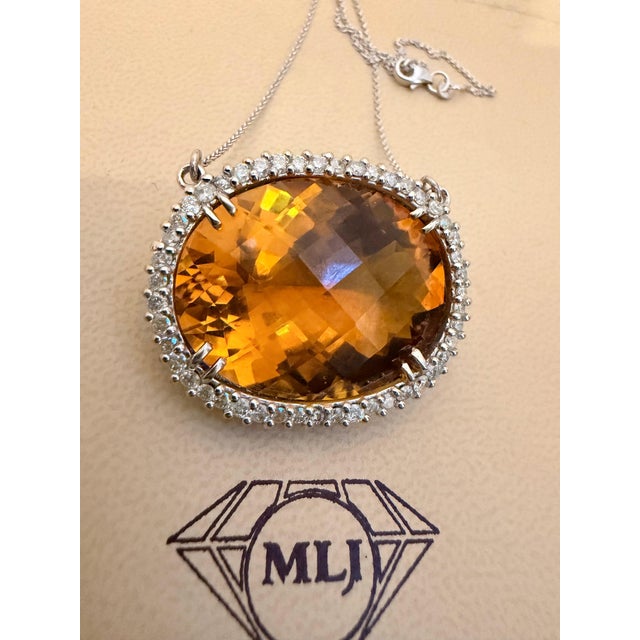 Modern Natural 48 Carat Oval Citrine & Diamond Pendant 14 Karat White Gold Necklace For Sale - Image 3 of 8