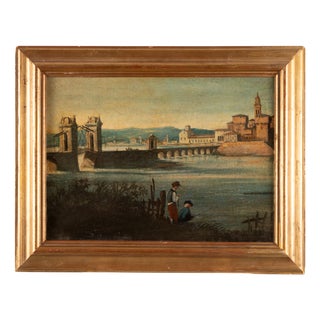 Unknown, Bridge and Fishermen, 1800s, Oil on Board For Sale