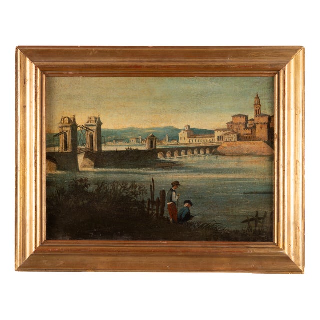 Unknown, Bridge and Fishermen, 1800s, Oil on Board For Sale