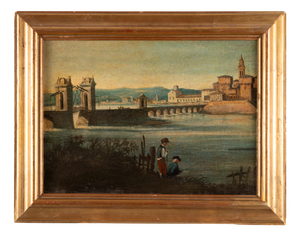 Unknown, Bridge and Fishermen, 1800s, Oil on Board