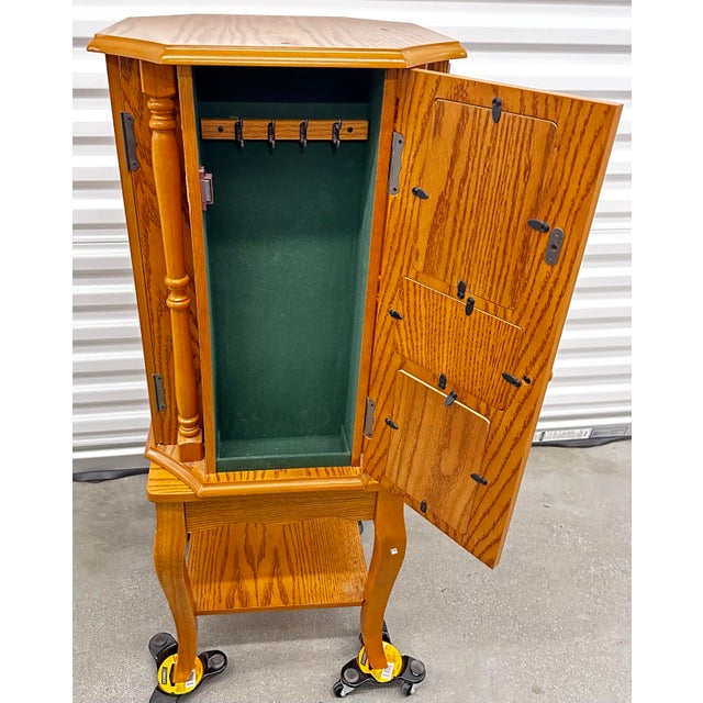 1960s Mid Century Revolving Jewelry Armoire in Oak Finish Free Standing Pilasters Mirror Chest of Draws For Sale - Image 9 of 17