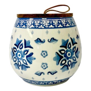 Late 20th C Boho Chic Scandinavian Gustavian Style Ceramic Jar Vase With Wood Lid. For Sale