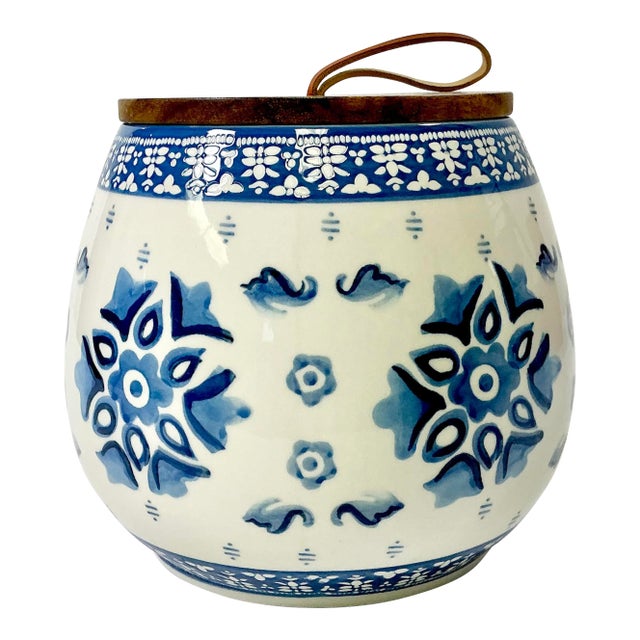 Late 20th C Boho Chic Scandinavian Gustavian Style Ceramic Jar Vase With Wood Lid. For Sale