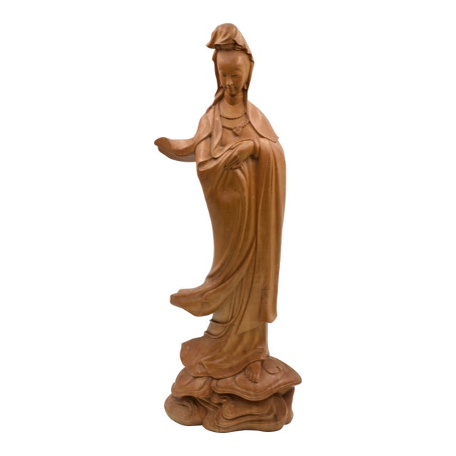 Vintage Guanyin the Bodhisattva of Compassion Hand Carved Wood Statue Figure For Sale