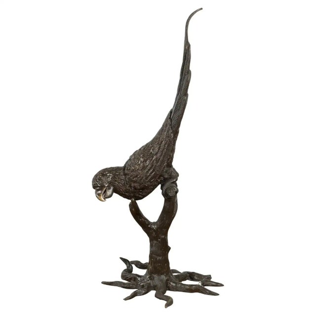 Contemporary Bronze Statue of a Parrot Perched on a Branch and Leaning Down, with Dark Patina For Sale - Image 13 of 13