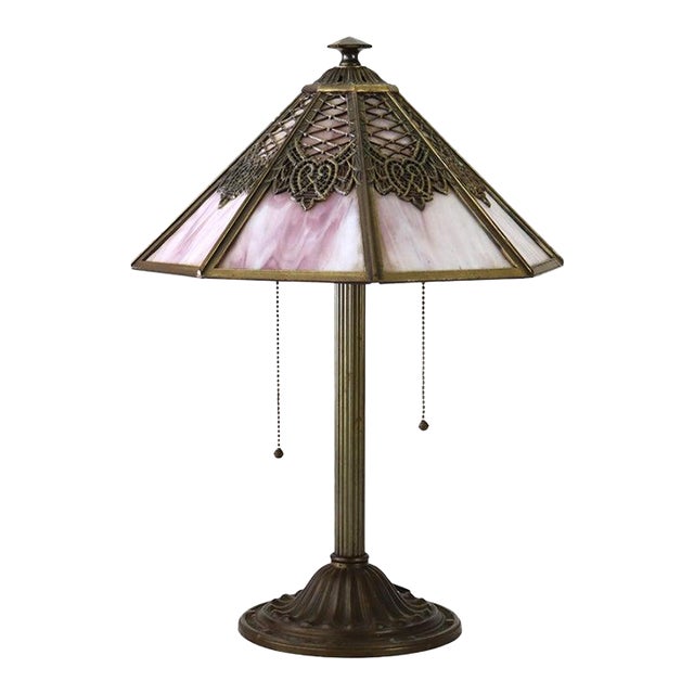 Antique Bradley & Hubbard School Arts & Crafts 8 Panel Slag Glass Lamp C1920 For Sale