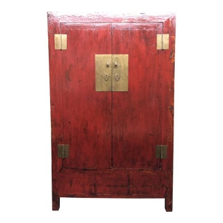 Vintage Red Lacquer Asian Armoire For Sale