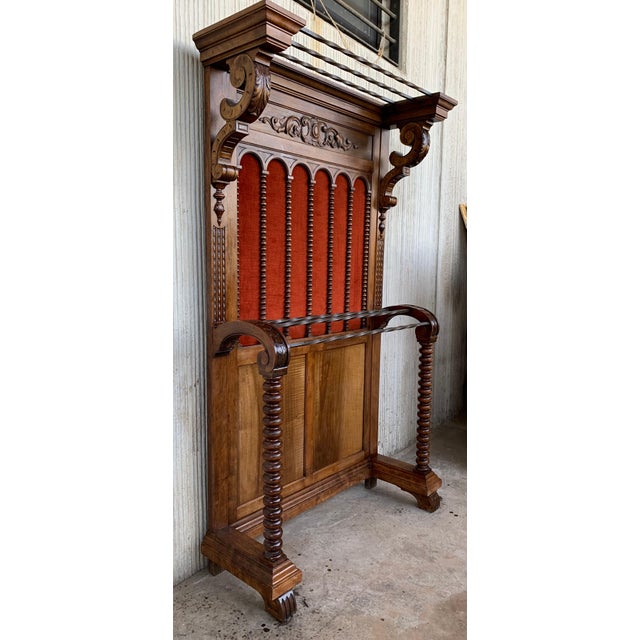 19th Large Carved Spanish Solid Walnut Hall Stand with Red Velvet Back For Sale - Image 18 of 18