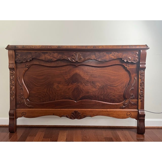 Brown Antique Carved Burlwood Full Size Bed Frame For Sale - Image 8 of 12
