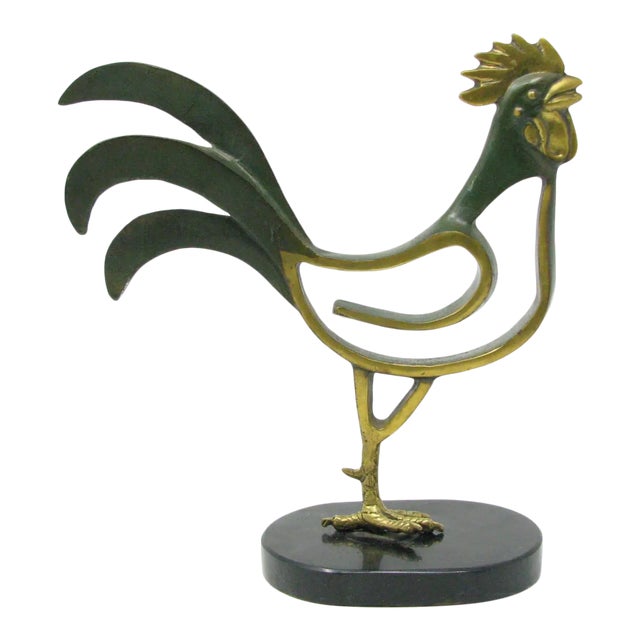 Vintage Large Karl Hagenauer Style Patinated Bronze Rooster Sculpture on Stone Base For Sale