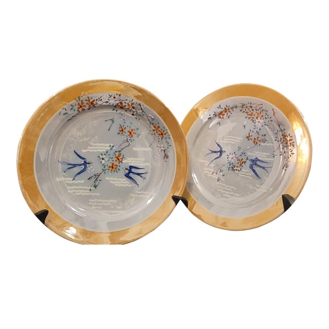 Mid-Century Modern Vintage Japanese Gilt-Rim Porcelain Plates With Swallow & Blossom Motif – Set of 2 For Sale