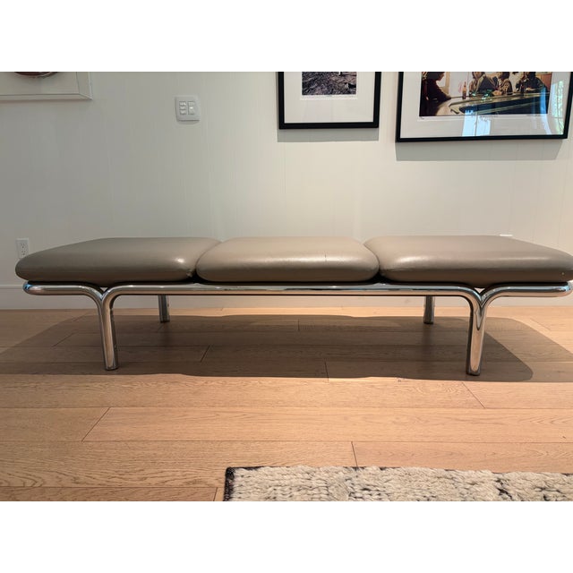 Vintage Three-Seat Modular Chrome and Taupe Upholstered Bench – 80” For Sale - Image 4 of 6