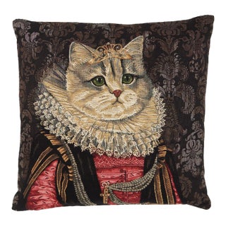 Tudor Cat Tapestry Cushion With Feather Filler - 46 X 46cm For Sale