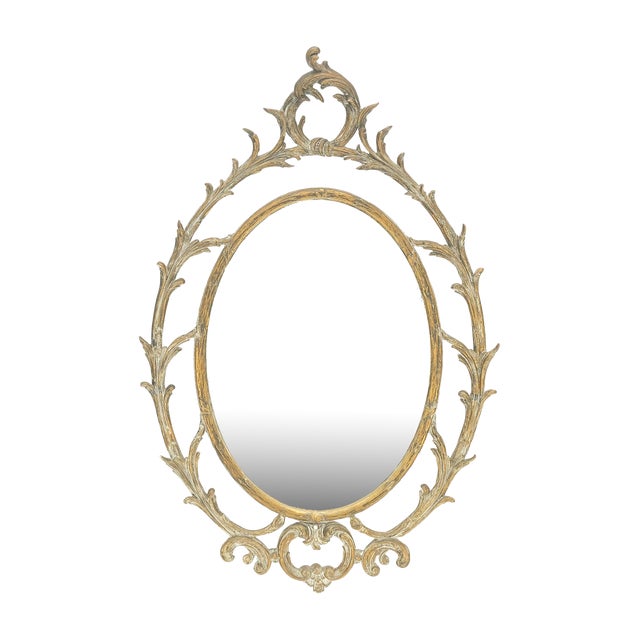 Gesso Pierced Wood Gold Leaf Frame Oval Round Rococo Wall Mirror c1920s For Sale