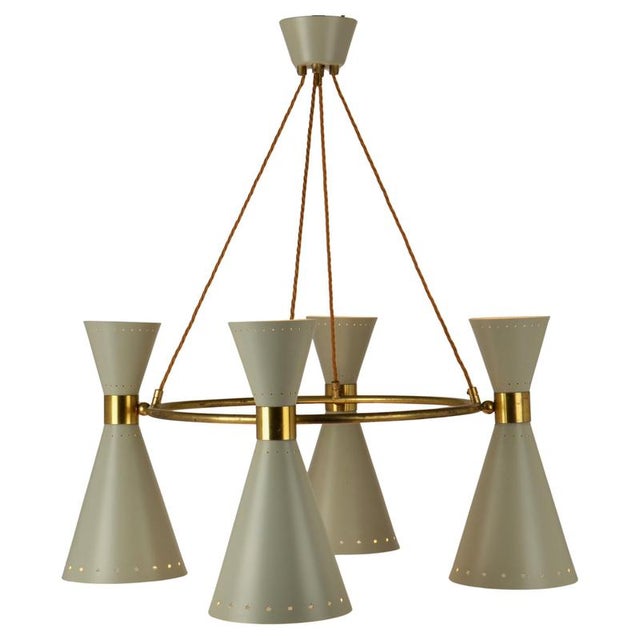 Large Hourglass Chandelier with Grey Metal Diabolo Shades on Brass Frame, 1950s For Sale - Image 4 of 18