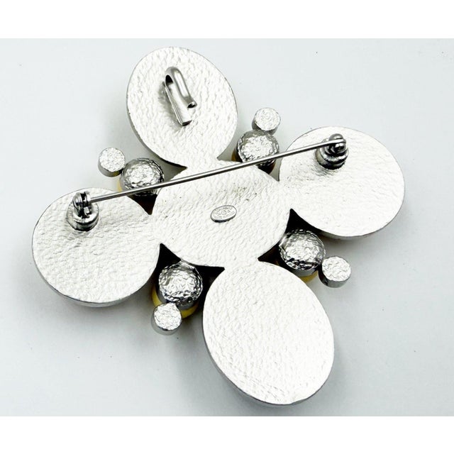 Contemporary Chanel Silver CC Crystal Cream Yellow Peach Stone Cross Large Pendant Brooch For Sale - Image 3 of 5
