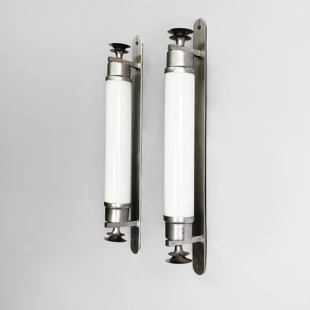 Italian Art Deco Cylindrical Wall Lamps in Opaline Glass and Metal, 1930s, Set of 2 For Sale - Image 17 of 17