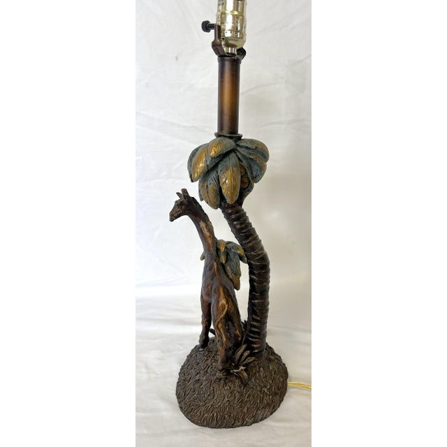 Late 20th Century Vintage Giraffe With Palm Trees Tropical Table Lamp With Shade and Finial For Sale - Image 5 of 18