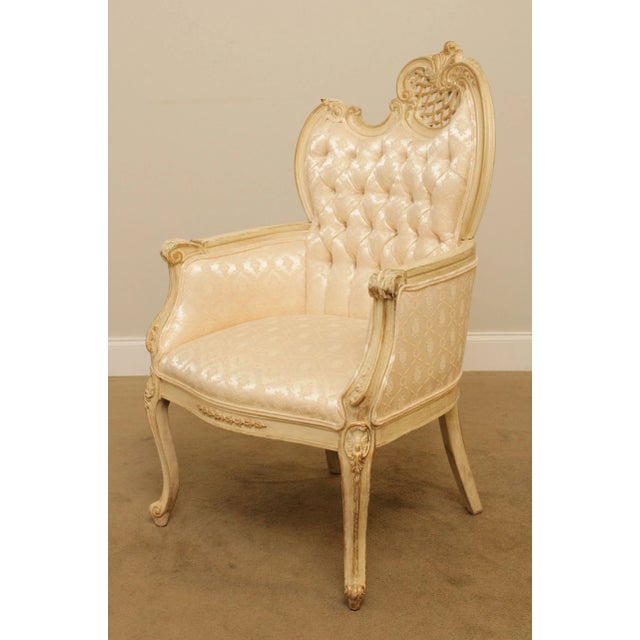 French Louis XV Style Vintage Pair Cream Painted Tufted Fire Side Chairs For Sale - Image 4 of 13