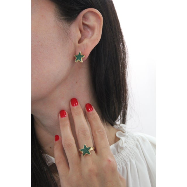 Green Malachite Star Galaxy Celestial Constellation Zodiac Yellow Gold Earrings, A Pair For Sale - Image 11 of 11