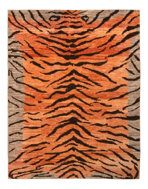 Handknotted Bright Orange Tiger Stripe Rug, 6'x9'