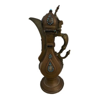 Early 20th Century Brass Ewer With Turquoise Inlay For Sale