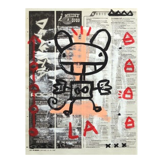Grin and Zap It - Abstract Figurative Whimsical Painting on Newspaper by Gary John For Sale