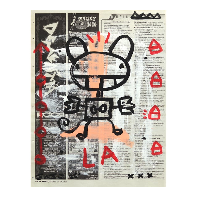 Grin and Zap It - Abstract Figurative Whimsical Painting on Newspaper by Gary John For Sale