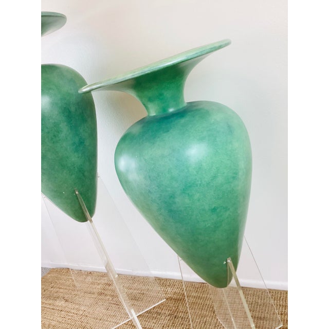 1980s Vintage 1980s Jade Green Oversized Floor Vase Vessel on Lucite Base, a Pair For Sale - Image 5 of 9