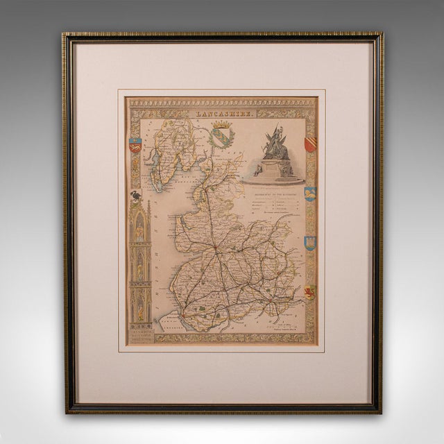 This is an antique lithography map of Lancashire. An English, framed atlas engraving of cartographic interest, dating to...