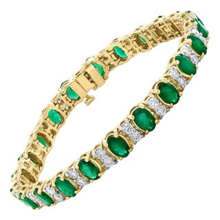 12 Carat Natural Emerald & 2.8 Carat Diamond Tennis Bracelet 14 Kt Yellow Gold For Sale