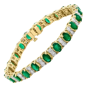 12 Carat Natural Emerald & 2.8 Carat Diamond Tennis Bracelet 14 Kt Yellow Gold
