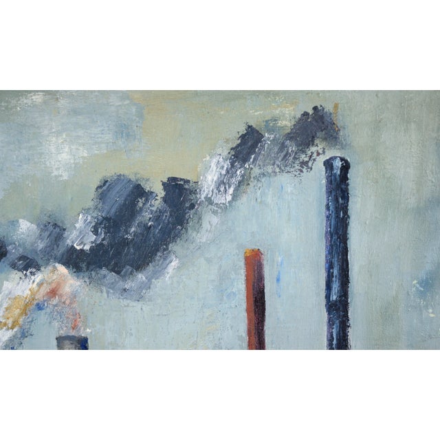 Factories - Industrial Landscape in Oil on Linen Bold industrial landscape by Doris Lyons Hoover (American, 1927-2014). A...