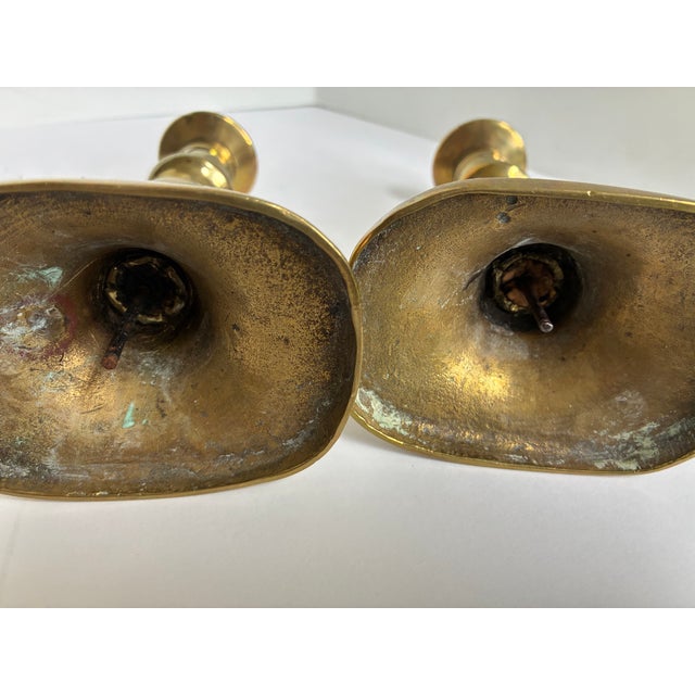 Metal Antique Victorian Brass Beehive Candlestick Holders | a Pair For Sale - Image 7 of 11