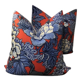 Thibaut Down Filled Pillows in “Honshu” in Red and Blue - a Pair For Sale