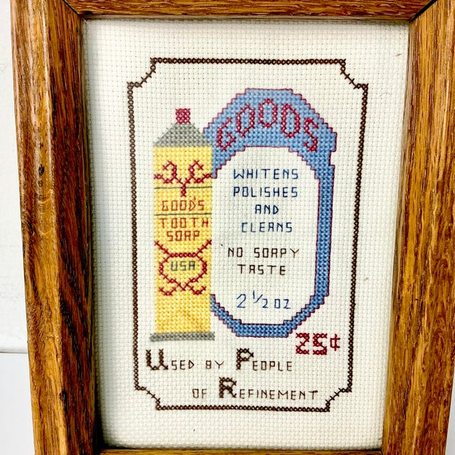 Wood 1970s Vintage Americana Folk Art Cross Stitch Goods Toothpaste Ad. Framed. For Sale - Image 7 of 7
