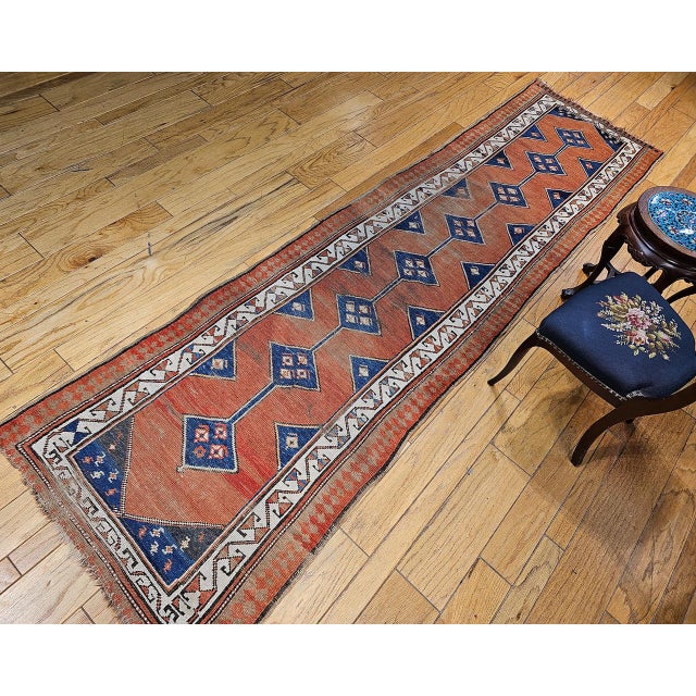 Textile 19th Century Persian Kurdish Runner Rug, Hand-Knotted Wool, Geometric Medallion Pattern, Terracotta & Navy, 3x12 For Sale - Image 7 of 16