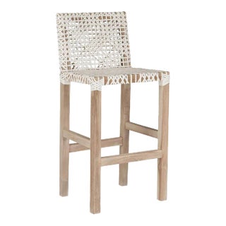 White Leather Woven Lulua Counter Stool Teak Wood For Sale