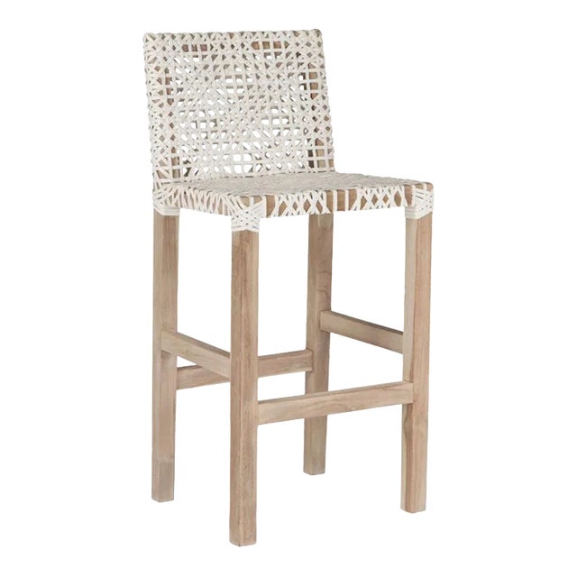 White Leather Woven Lulua Counter Stool Teak Wood For Sale