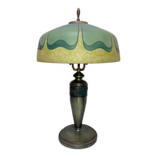 Antique Art Deco Green Pittsburg Hand Painted Glass Bronze Patinated Table Lamp For Sale