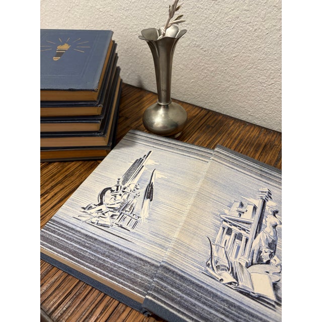 Large Vintage Cream & Blue Encyclopedia Hardcover Stack - Set of 6 - Royal Octavo Format - Modern Minimalist / Japandi Vignette For Sale In Boise - Image 6 of 9