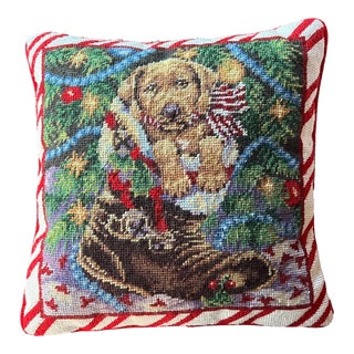Vintage Dog in Boot Christmas Needlepoint Pillow For Sale