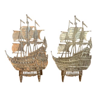 Antique Brass Galleon Ship Andirons For Sale