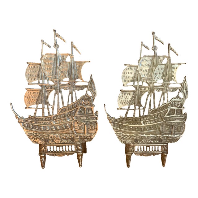 Antique Brass Galleon Ship Andirons For Sale